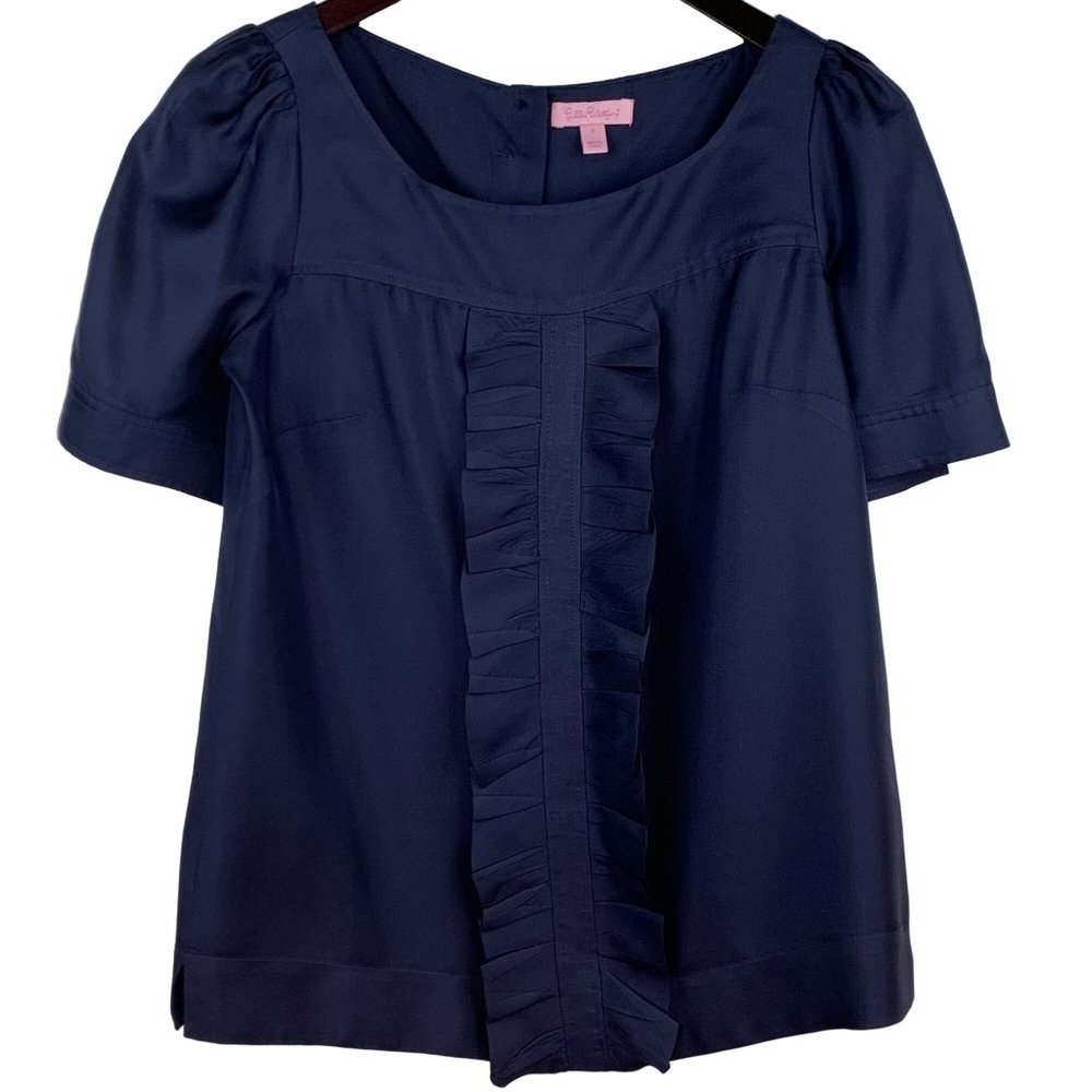 Lilly Pulitzer 100% Silk Navy Blue Ruffled Front Puffed Sleeve Blouse Size 2